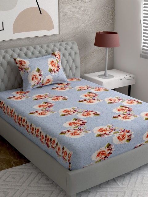 

EverHOME Blue & Pink Floral 350 TC Cotton Single Bedsheet with 1 Pillow Cover