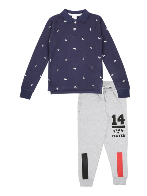 

RAINE AND JAINE Boys Navy Blue & Grey Melange Printed T-shirt with Trousers