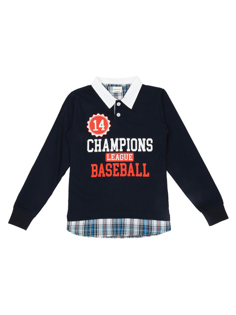 

RAINE AND JAINE Boys Navy Blue & Red Sports Printed Polo Collar Pure Cotton T-shirt