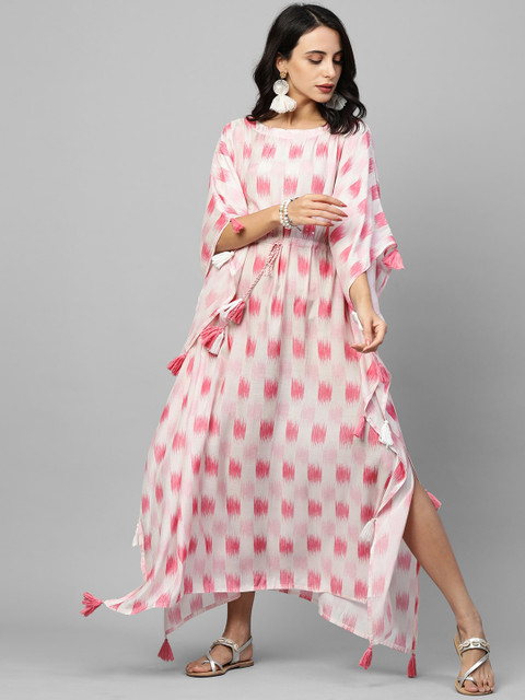 

FASHOR White & Pink Geometric Printed Kaftan Maxi Dress