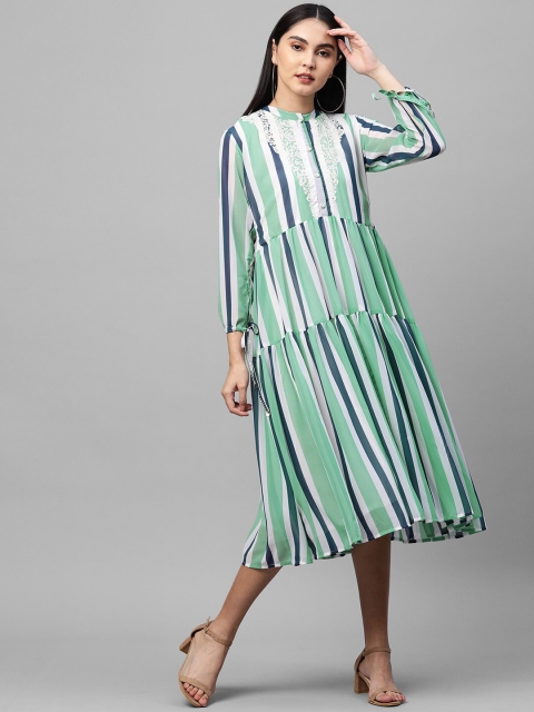 

FASHOR Green Striped Georgette A-Line Midi Dress