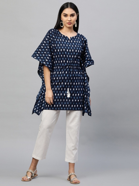 

FASHOR Navy Blue & White Ethnic Motifs Woven Design Flared Sleeves Pure Cotton Kaftan Kurti