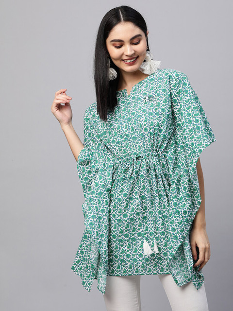 

FASHOR Green Floral Woven Design Flared Sleeves Pure Cotton Kaftan Kurti