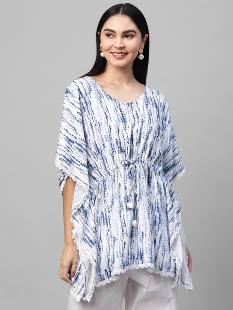 

FASHOR Blue & White Woven Design V-Neck Flared Sleeves Kaftan Kurti