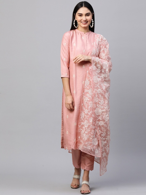 

FASHOR Women Rose Gold-Toned Embroidered Regular Raw Silk Kurta with Trousers & Dupatta