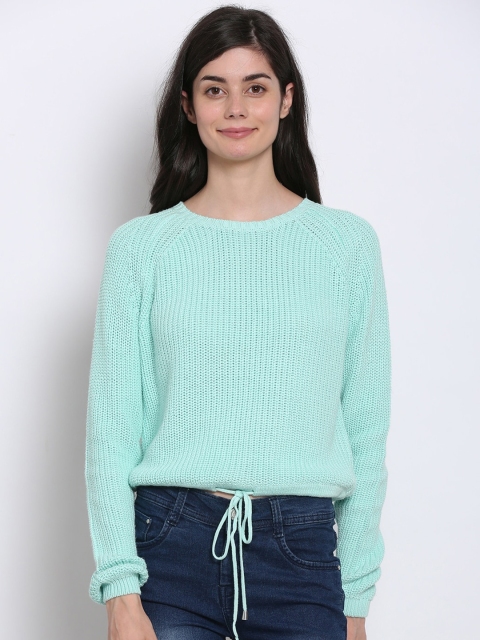 

NoBarr Women Sea Green Cable Drawstring Knit Pullover