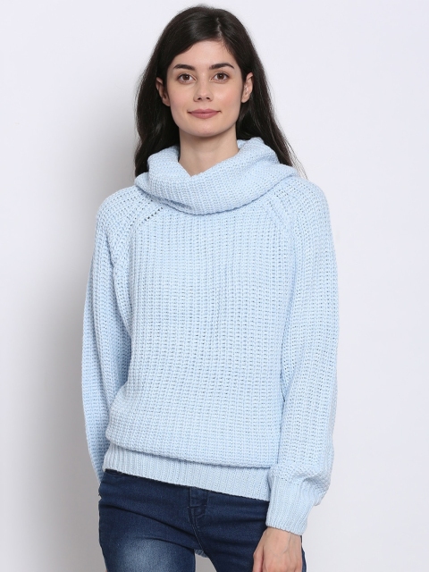 

NoBarr Women Blue Solid Knitted Turtle Neck Pullover Acrylic Sweater