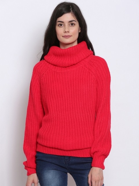 

NoBarr Women Red Open Knit Acrylic Pullover Sweater