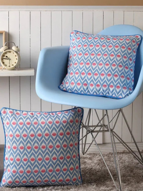 

Lushomes Pack Of 2 Blue Geometric Printed Square Cushion Covers