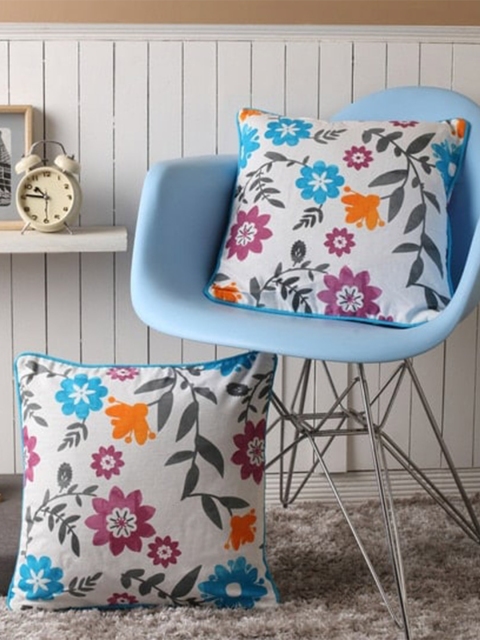 

Lushomes Set Of 2 Flower Indian Printed Designer Cotton Square Cushion Covers, Blue