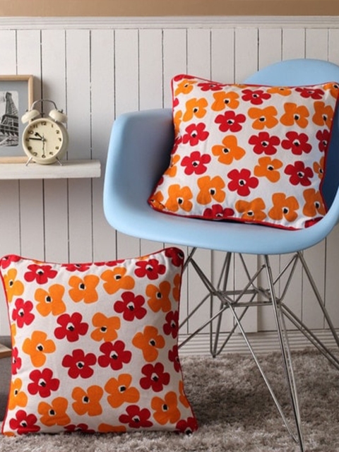 

Lushomes White & Orange Set of 2 Floral Square Cushion Covers