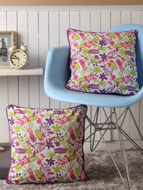 

Lushomes Purple & Green Set of 2 Floral Cotton Square Cushion Covers