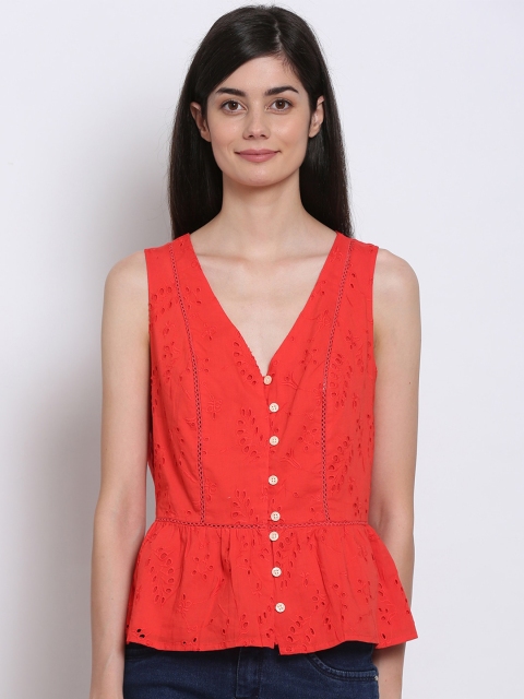 

NoBarr Red Schiffli Embroidered Peplum Top