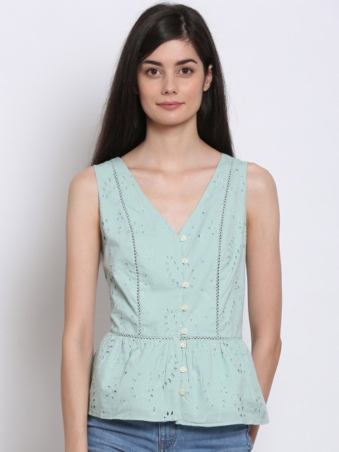 

NoBarr Green Cut Work Schiffli Peplum Top