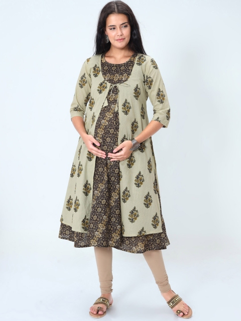 

The Mom Store Women Beige & Brown Ethnic Motifs Printed Maternity Layered A-line Kurta