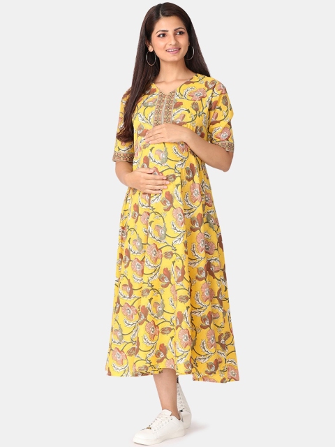 

The Mom Store Yellow & Brown Floral Printed Maternity Midi Cotton Dress
