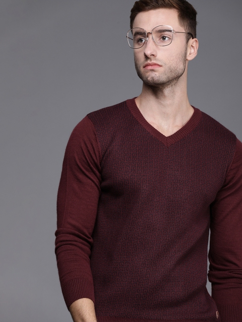 

Raymond Men Maroon & Black Printed V- Neck Full Sleeves Pullover Sweater