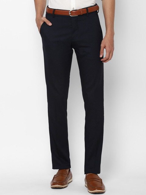 

Allen Solly Men Navy Blue & White Striped Slim Fit Trousers