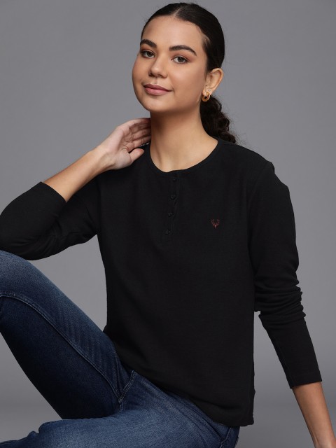 

Allen Solly Woman Black Henley Neck Pure Cotton T-shirt