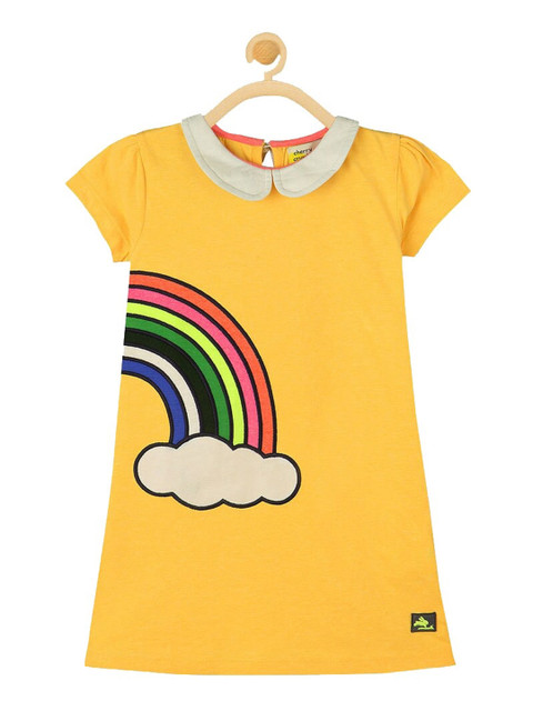

Cherry Crumble Girls Yellow & Pink Peter Pan Collar Applique Cotton A-Line Mini Dress