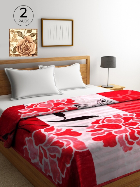 

KLOTTHE Red & Brown Set of 2 Floral Heavy Winter Double Bed Blankets