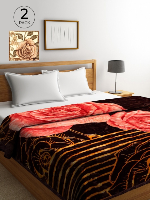 

KLOTTHE Brown & Green Set of 2 Floral Heavy Winter 800 GSM woolen Double Bed Blanket