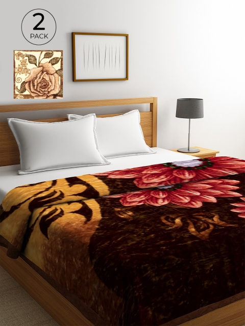 

KLOTTHE Brown & Red Set of 2 Floral Heavy Winter Double Bed Blanket