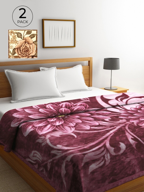 

KLOTTHE Pink & Green Set Of 2 Floral Wool Heavy Winter 800 GSM Double Bed Blanket