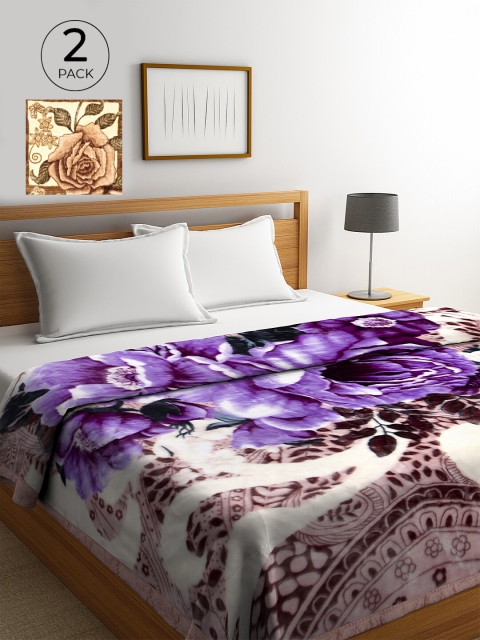

KLOTTHE Purple & Beige Set of 2 Floral Heavy Winter Double Bed Blanket