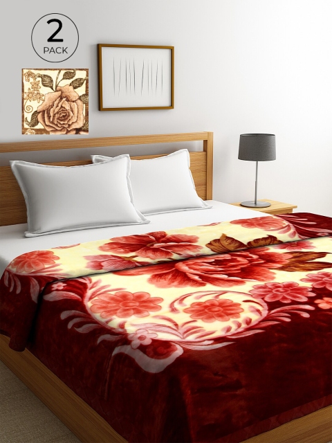 

KLOTTHE Green & Maroon Set of 2 Floral Heavy Winter Double Bed Blankets