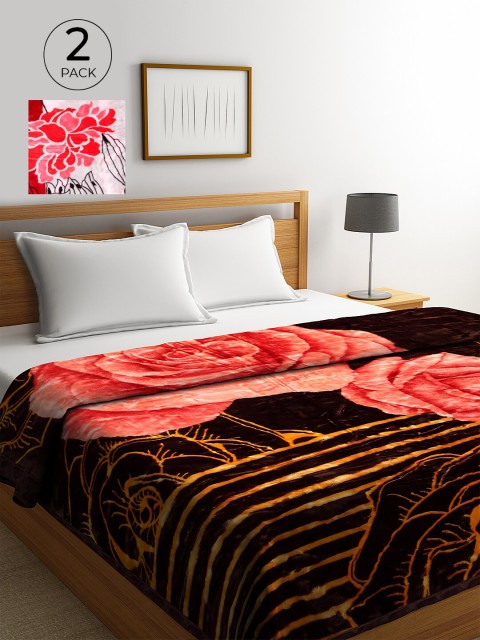 

KLOTTHE Set Of 2 Multicoloured Floral Woollen 800 GSM Heavy Winter Double Bed Blanket, Multi