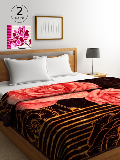 

KLOTTHE Brown & Pink Set of 2 Floral Heavy Winter Double Bed Blankets
