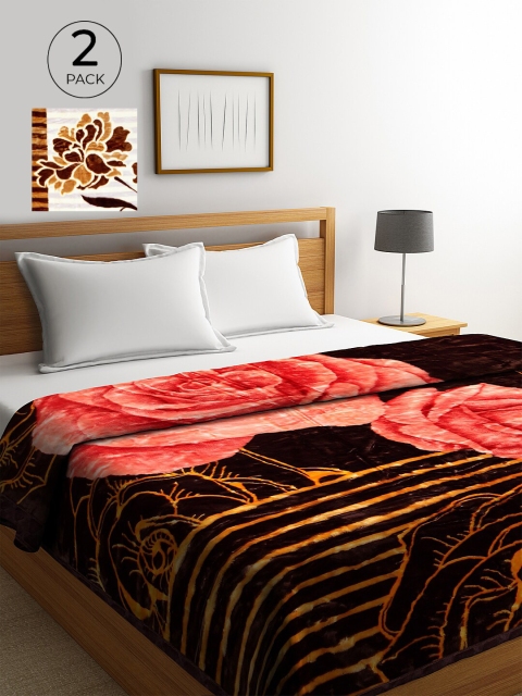 KLOTTHE Pack of 2 Multicoloured 800 GSM Floral Heavy Winter Double Bed Blankets, Multi