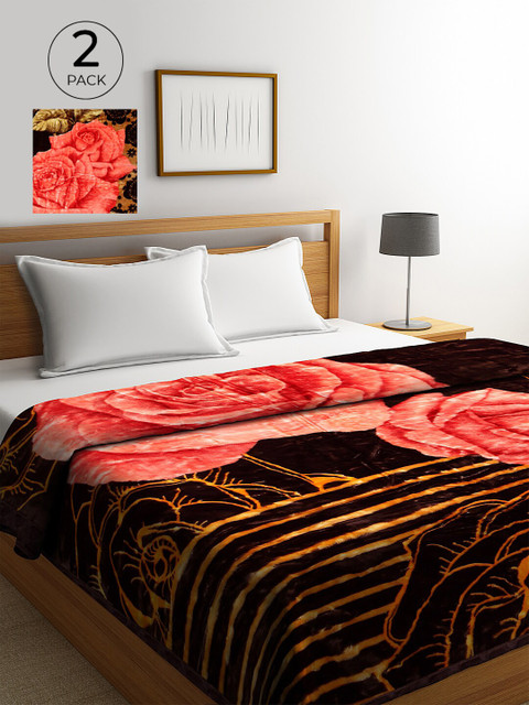 

KLOTTHE Peach-Coloured & Brown Set of 2 Floral Heavy Winter Double Bed Blanket