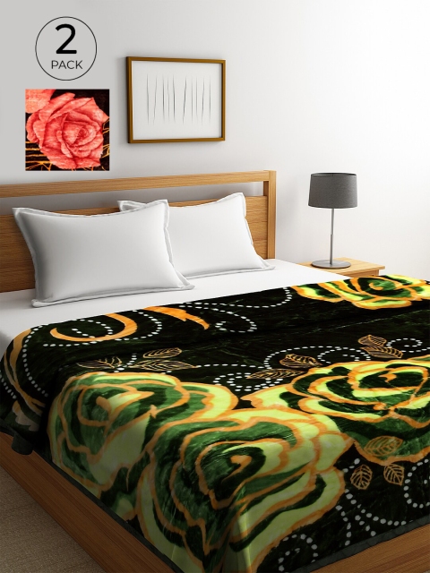 

KLOTTHE Green & Brown Set of 2 Floral Heavy Winter Double Bed Blankets