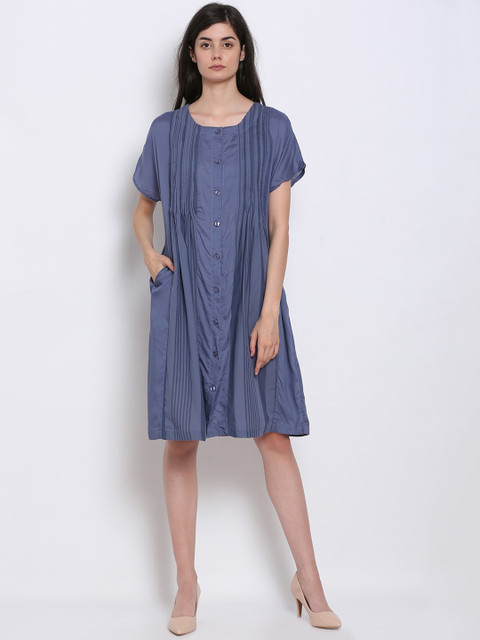 

NoBarr Women Cotton Blue A-Line Pleated A-Line Dress