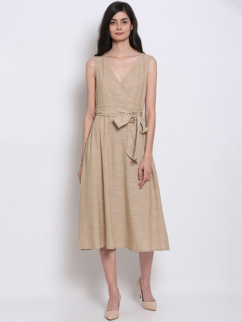 

NoBarr Beige Woven Designed Wrap Midi Dress