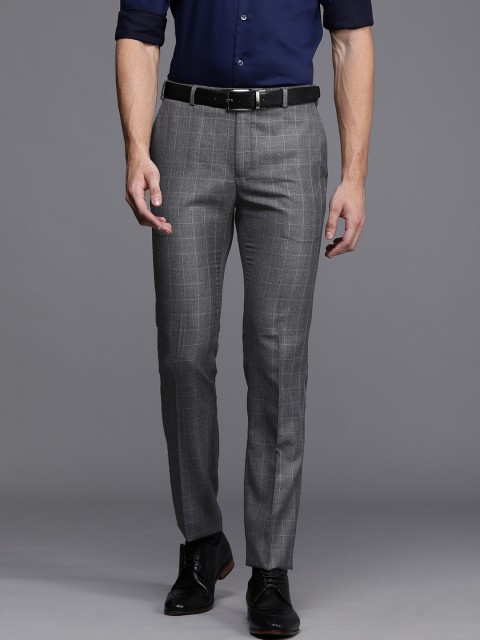 

Raymond Men Grey Checked Basic Flat Front Slim Fit Formal Trousers