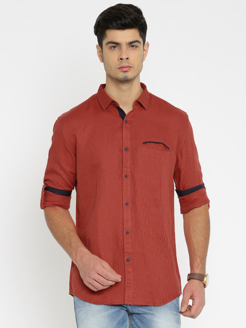 

British Club Men Rust Red Regular Fit Self-Design Casual Shirt