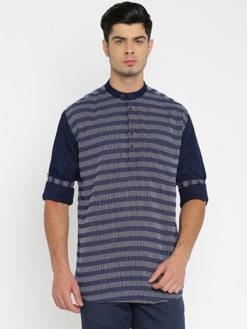 

British Club Men Navy & White Regular Fit Self-Striped Short Kurta, Navy blue