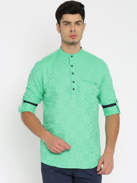 

British Club Men Green Woven Design Straight Short Kurta