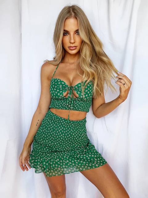 

GRACE & JACK Women Green & White Ditsy Printed Top with Skirt