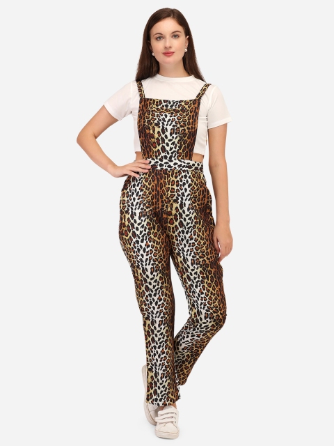 

Yuvraah Women Brown & White Animal Printed Dungaree with White T-shirt
