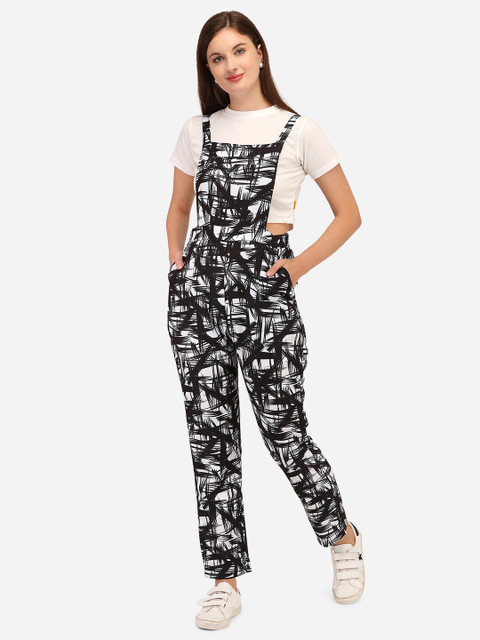 

Yuvraah Women Black & Off White Printed Dungaree with T shirt