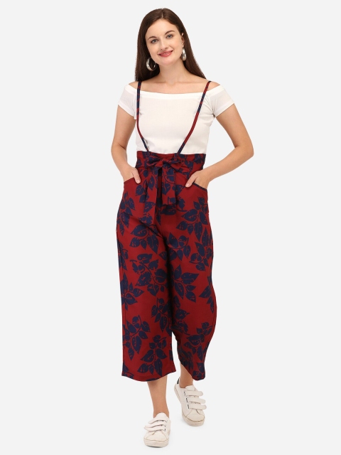 

Yuvraah Women Maroon & Navy Blue Solid Top with Printed Palazzos Dungaree Set