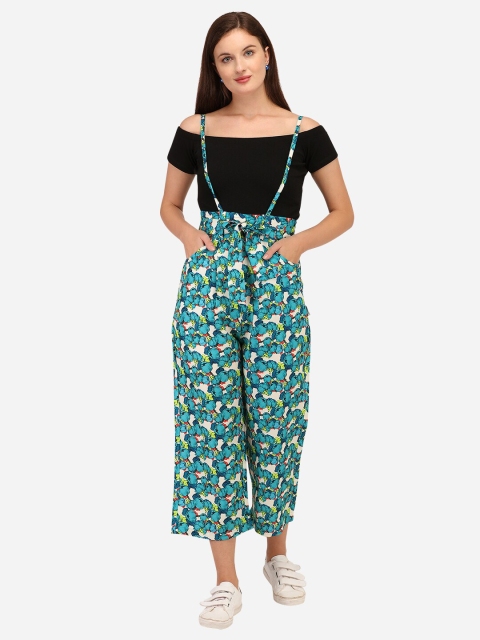 

Yuvraah Women Blue & Black Floral Printed Dungaree with T shirt