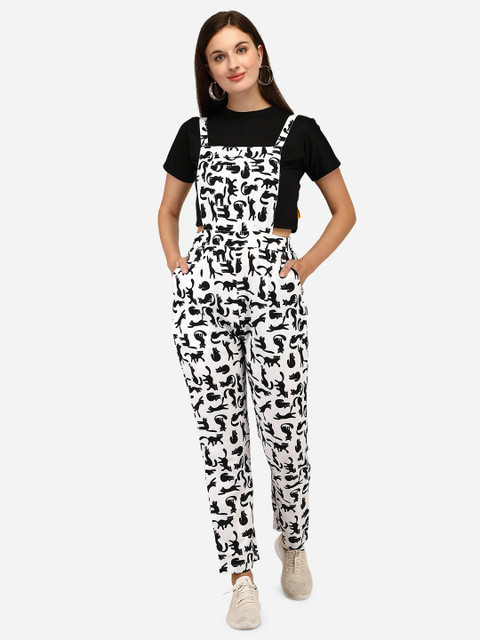 

Yuvraah Women White & Black Printed T-shirt with Dungarees