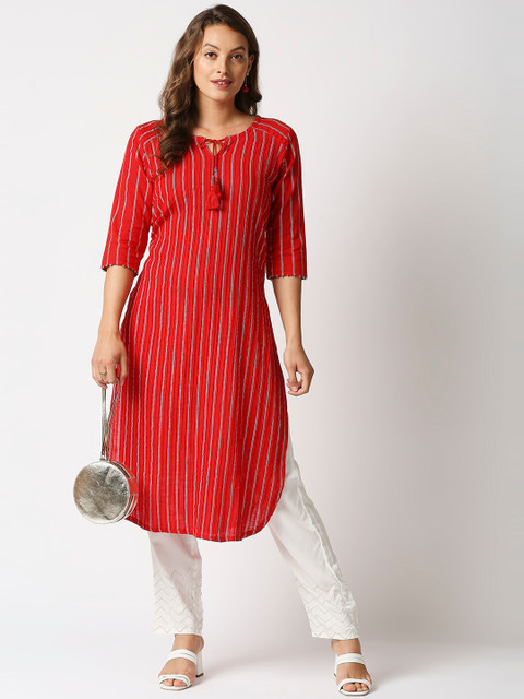 

INDYES Women Red & White Pure Cotton Striped Kurta