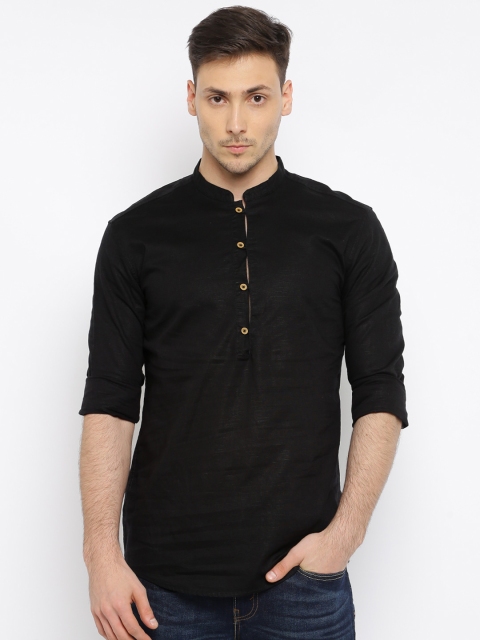 

British Club Men Black Woven Design Straight Short Kurta