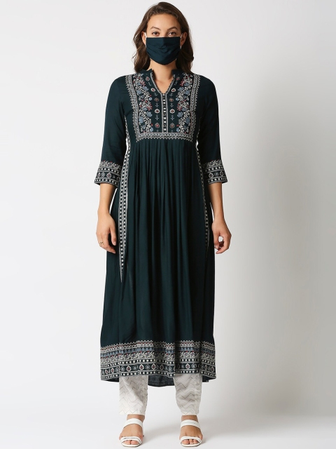 

INDYES Women Navy Blue Ethnic Motifs Yoke Design Thread Work Block Print Kurta